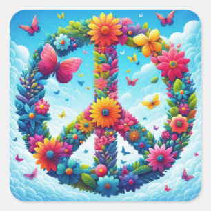 Cool & Colorful Floral Peace Sign mit Butterfly Quadratischer Aufkleber