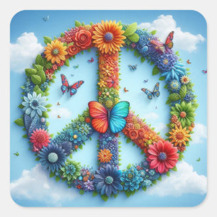 Cool & Colorful Floral Peace Sign mit Butterfly Quadratischer Aufkleber