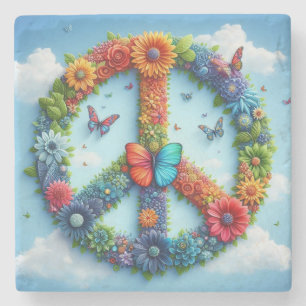 Cool & Colorful Floral Peace Sign mit Butterfly Steinuntersetzer