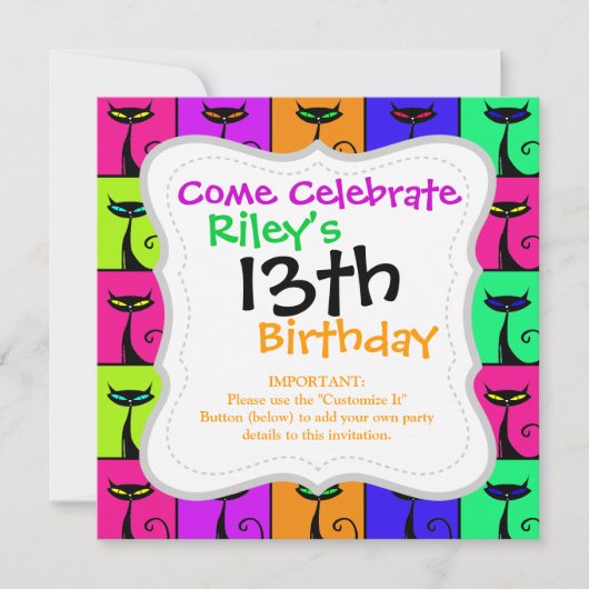 Cool Colorful Kitty Cat Pop Art Einladung (Vorderseite)