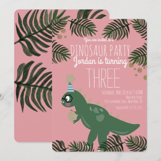Cool Dinosaur Geburtstagsparty Girl Glitzer Confet Einladung (Vorne/Hinten)