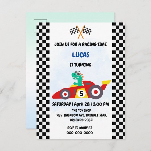 Cool Dinosaurier Red Race Car Junge Kindergeburtst Einladungspostkarte (Vorne/Hinten)