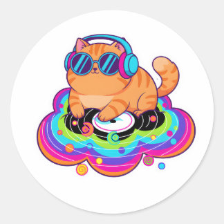 Cool DJ Orange Cat with Headphones on Rainbow Clou Runder Aufkleber