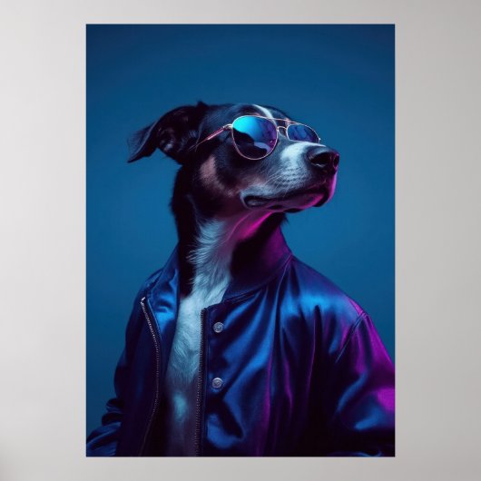 Cool Dog in Blue Jacket - Retro Neon Animal Poster (Vorne)