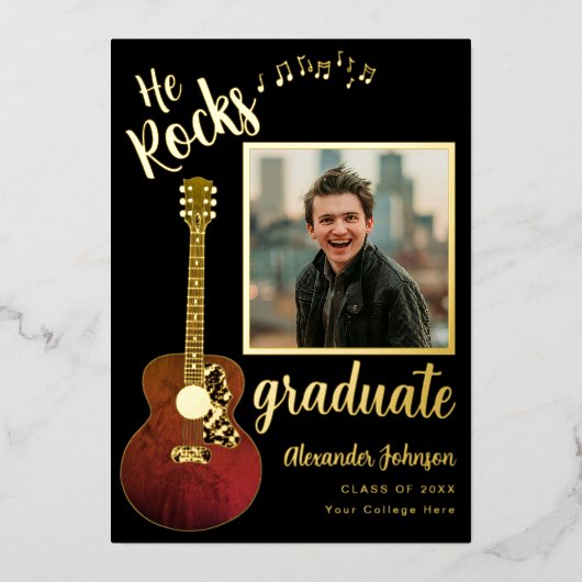 Cool Er Rocks Graduate Foto Modernes Schwarz und G Folieneinladung (Vorderseite)
