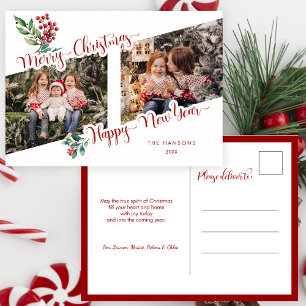 Cool frohe Weihnachtskalligraphie Holly 2-Foto Feiertagspostkarte