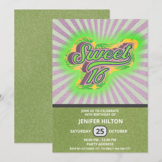 Cool fun retro typography sweet 16 einladung (Vorne/Hinten)