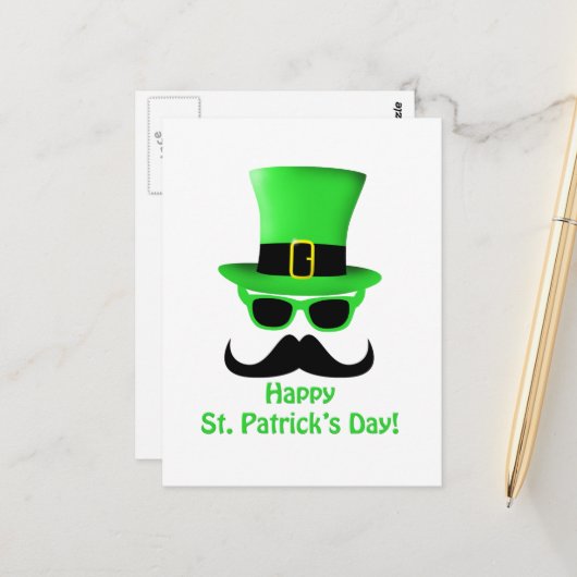 Cool Funny St. Patrick's Day Mustache Top Hut Mann Postkarte (Vorderseite/Rückseite Beispiel)
