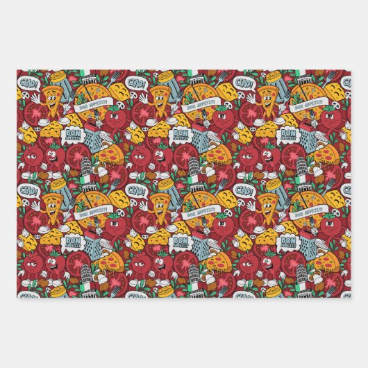 cool gefliestes Pizza-Party Geschenkpapier Set (Vorderseite)