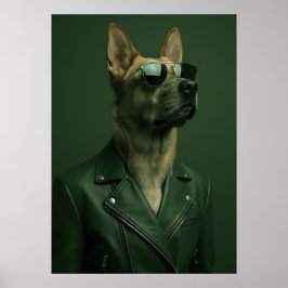 Cool German Shepherd Portrait in Leather Jacket Poster