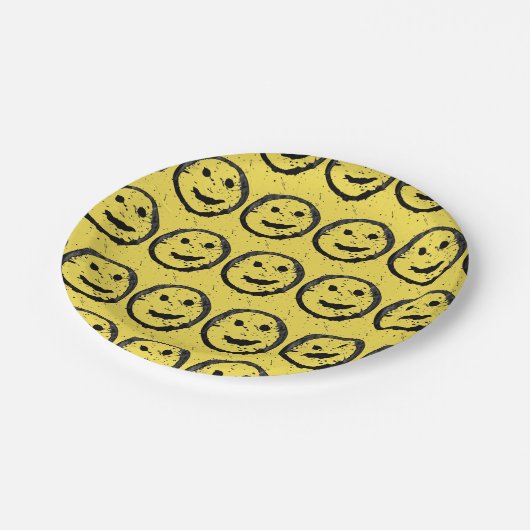 Cool Gesellig Lächelndes Gesichtsmuster gelb Pappteller (Schrägansicht)
