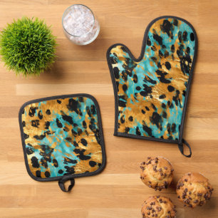 Cool Gold Aqua Leopard Ofenhandschuh & Topflappen-Set