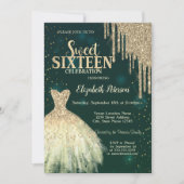 Cool Gold Glitzer Tropfen, Dress Green Sweet 16 Einladung (Vorderseite)