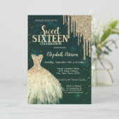 Cool Gold Glitzer Tropfen, Dress Green Sweet 16 Einladung (Stehend Vorderseite)