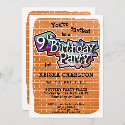 Cool Graffiti Art 9th Birthday Party Einladung (Vorne/Hinten)