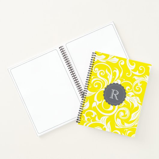 Cool-Graugelbe florale Tapete Swirbelmonogramm Notizbuch (Innenseite)
