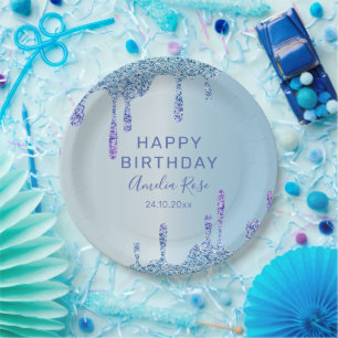 Cool Happy Birthday Glitzer Tropfens Blue Metallic Pappteller