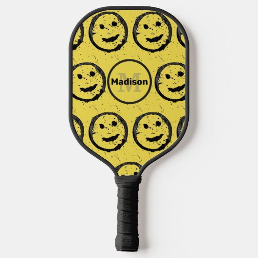 Cool Happy Lächelndes Gesichtsmuster gelb Monogram Pickleball Schläger (Rückseite)