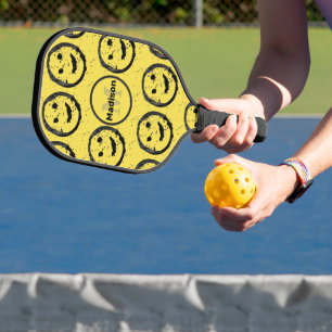 Cool Happy Lächelndes Gesichtsmuster gelb Monogram Pickleball Schläger