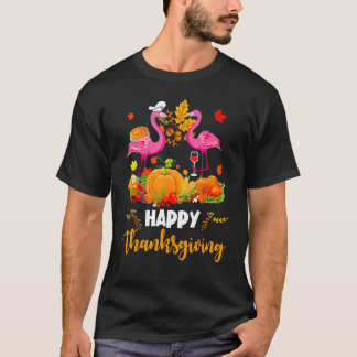 Cool Happy Thanksgiving Flamingo Drinking Wine T-Shirt
