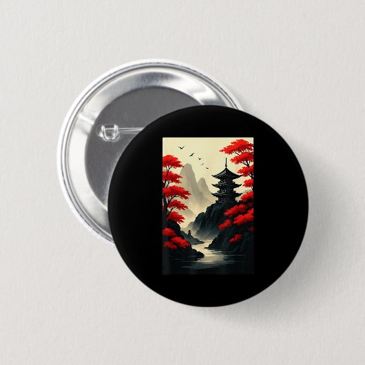 Cool Japanese Pagoda Castle Mountain Landscape Gra Button (Vorne & Hinten)