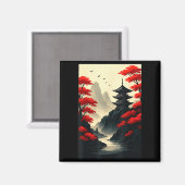 Cool Japanese Pagoda Castle Mountain Landscape Gra Magnet (Vorderseite/Rückseite)
