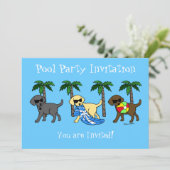 Cool Labradors Beach Party Cartoon Einladung (Stehend Vorderseite)