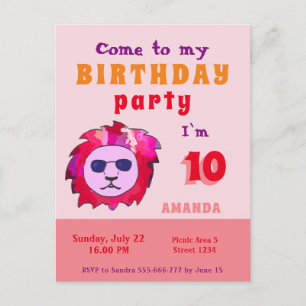 Cool Lion Pink Kid's Geburtstagsparty Einladungspostkarte