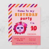 Cool Lion Pink Kid's Geburtstagsparty Einladungspostkarte (Vorne/Hinten)