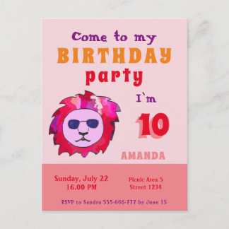 Cool Lion Pink Kid's Geburtstagsparty Einladungspostkarte