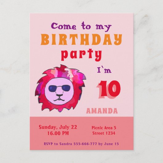 Cool Lion Pink Kid's Geburtstagsparty Einladungspostkarte (Vorderseite)