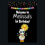 Cool Llama and Smiling Kawaii Sun Birthday Poster<br><div class="desc">Birthday poster with a cool looking llama wearing some dark sunglasses. Dressed in a colorful striped scarf and fun little boots. A bright yellow sun with a happy kawaii face in the background. Whimsical colorful triangles surround this fun loving llama. Colorful confetti and and a bunting banner ad a festive...</div>