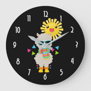 Cool Llama and Smiling Kawaii Sun Große Wanduhr