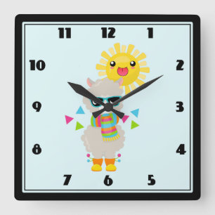 Cool Llama and Smiling Kawaii Sun Quadratische Wanduhr
