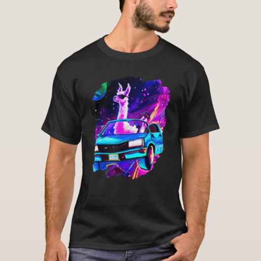 Cool Llama Driving Sports Car In Space Alpaca Lla T-Shirt (Vorderseite)