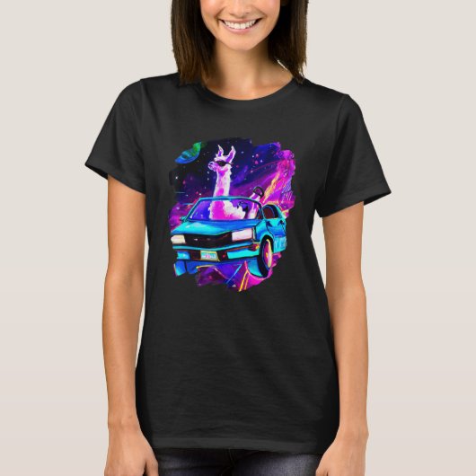 Cool Llama Driving Sports Car In Space Alpaca Lla T-Shirt (Vorderseite)