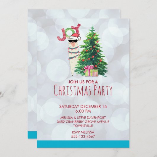 Cool Llama | Weihnachtsbaum mit Presents-Party Einladung (Vorne/Hinten)