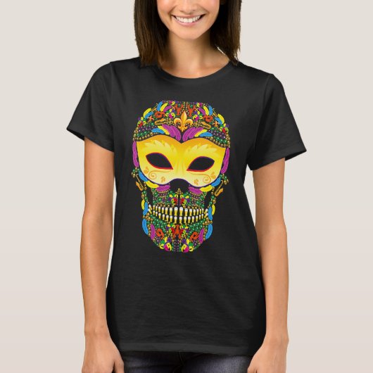 Cool Mardi Gras Skull Jester Hat Masked Beads 7 T-Shirt (Vorderseite)