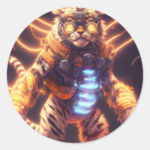 Cool Mecha Tiger mit Cyborg Steampunk Style Runder Aufkleber