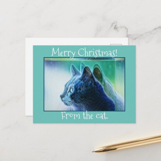 Cool Mint Green Cat Art Frohe Weihnachtsfeiertage Postkarte (Vorderseite/Rückseite Beispiel)