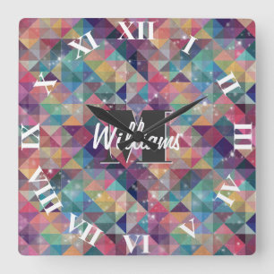 Cool modern colourful triangles geometric pattern quadratische wanduhr