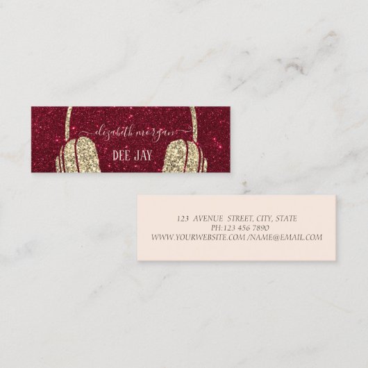 Cool Modern Gold Glitzer Headphone DJ Red Glitzer Mini Visitenkarte (Vorne/Hinten)