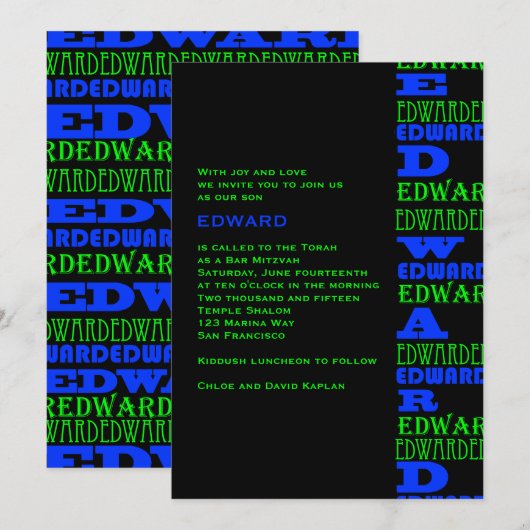 Cool moderne Bar Mitzvah Einladung Black Blue (Vorne/Hinten)