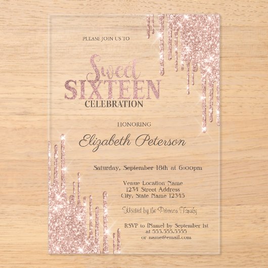 Cool Moderne Glitzer Tropfen Rose Gold Sweet 16 Acryleinladungen (Vorderseite)