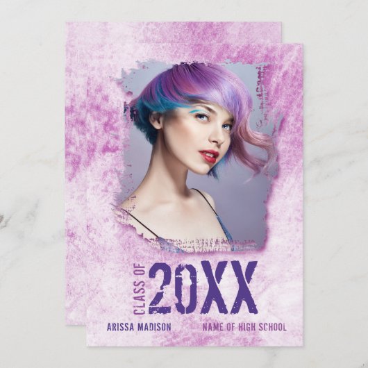 Cool Modernes Grunge 2 Foto Pink Lila Grad Ankündigung (Vorne/Hinten)