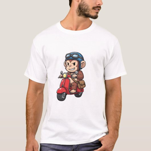 Cool Monkey Courier Riding Red Retro Scooter T-Shirt (Vorderseite)