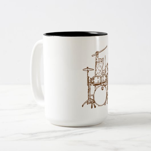 Cool Musician Cat Playing Drums Zweifarbige Tasse (Vorderseite Links)