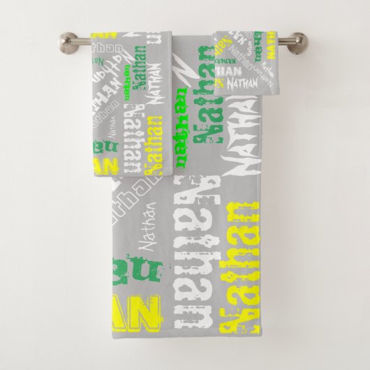 Cool Name Collage Moderne Typografie Custom Gray Badhandtuch Set (Insitu)
