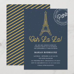 Cool Navy Blue Gold Eiffel Tower Paris Quinceañera Einladung