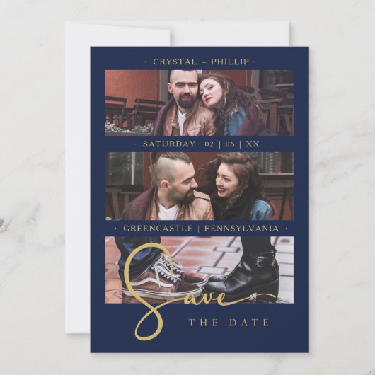 Cool Navy Golden Romantic Wedding 3 Multi Photos Save The Date (Vorderseite)